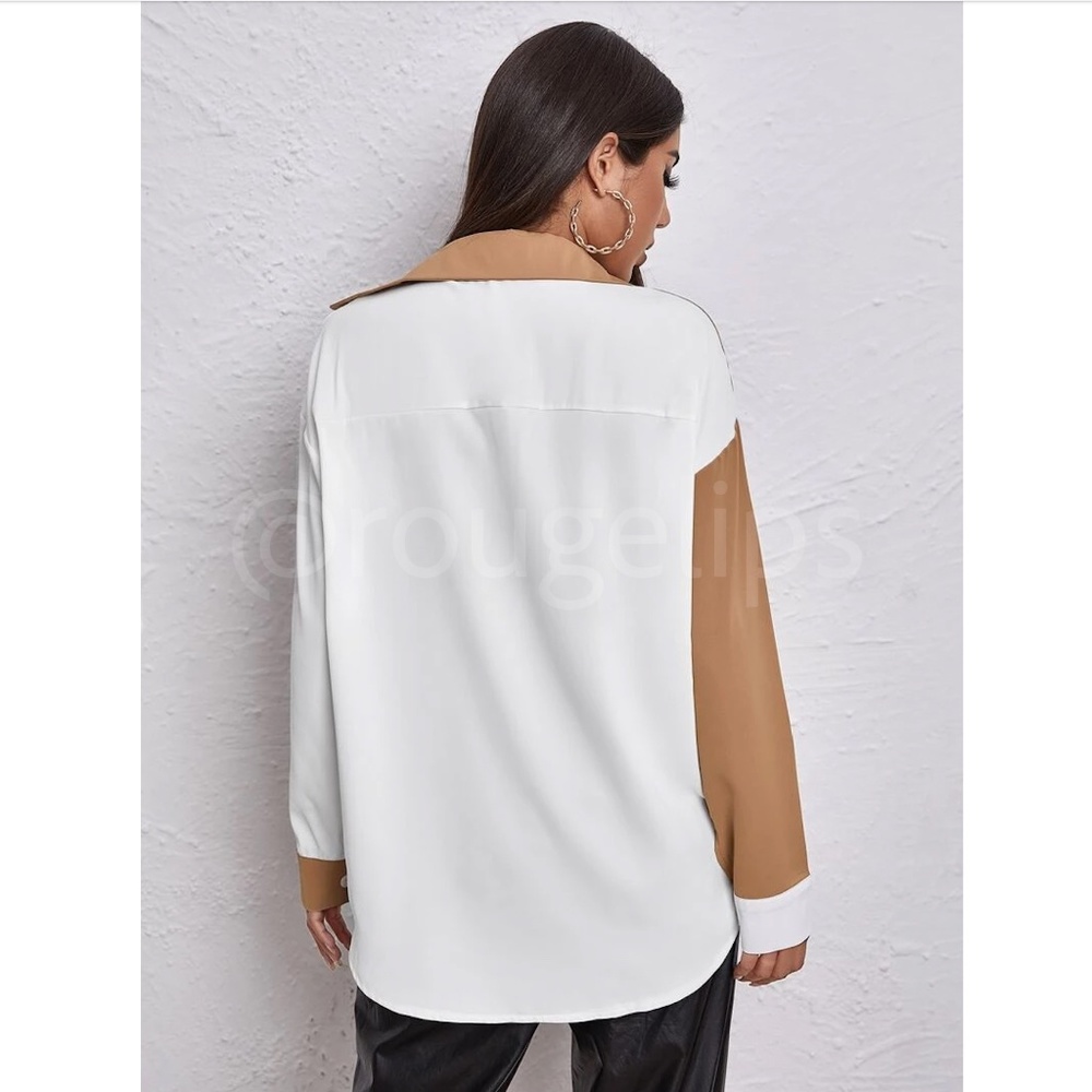 Drop Shoulder Oversized Colorblock Button Down Shirt White Tan Black - Picture 5 of 9